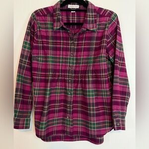 Coldwater Creek Blouse Top Size PM Purple Plaid Flannel Button Down Pleats